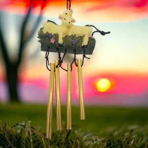 Wind Chimes Two Baby Lambs Grass Pink Blue Floral Flowers Metal Rod Resin